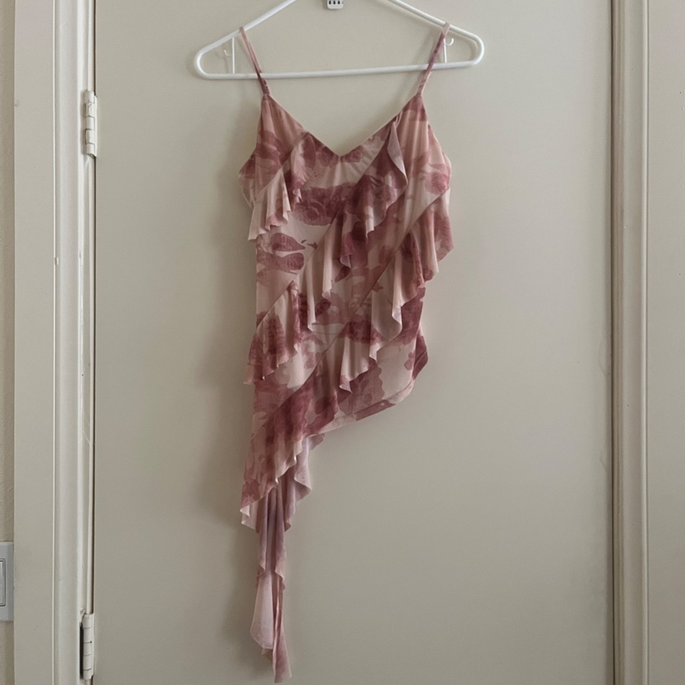Thirty Thirty Women Ruffle Asymmetric Mesh Top M Mauve Fairy Festival Romantic.